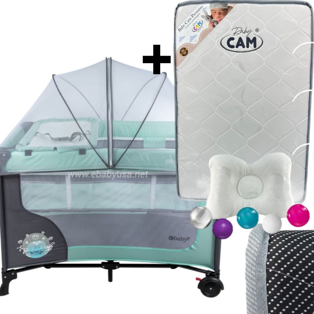 EBABY - Cuna Corral con Cambiador Happy Dream + Colchón para cuna