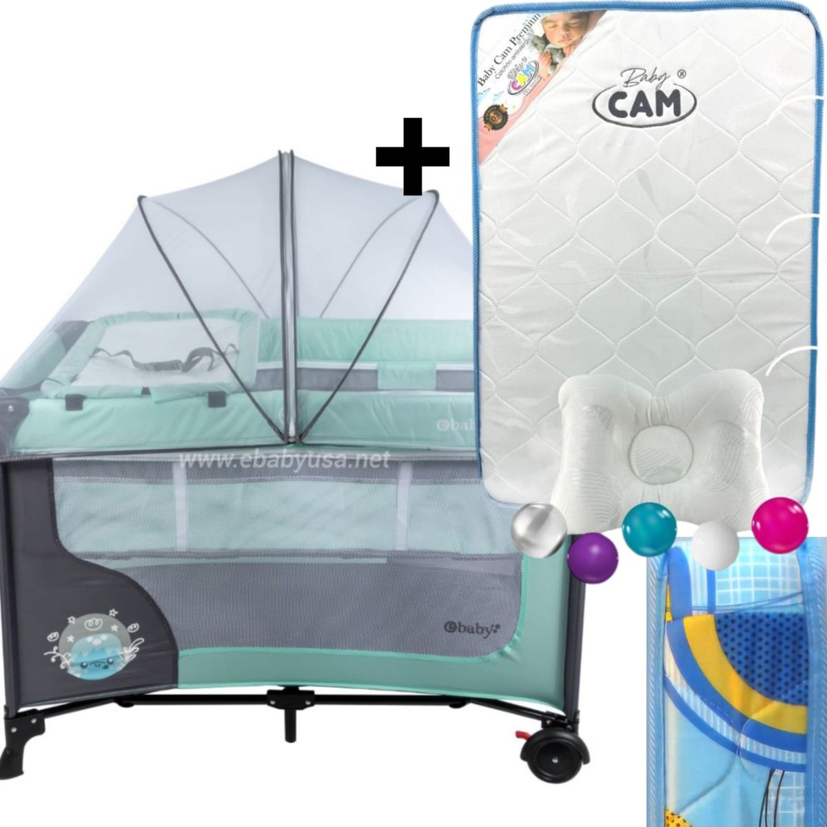 EBABY - Cuna Corral con Cambiador Happy Dream + Colchón para cuna