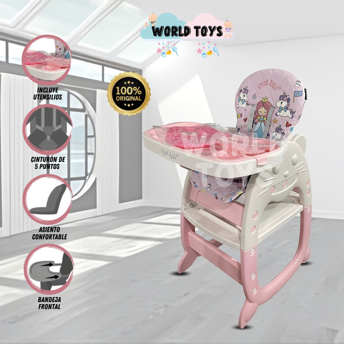 BABY - Silla de Comer 3 en 1 «SMILEY KAT» Pink