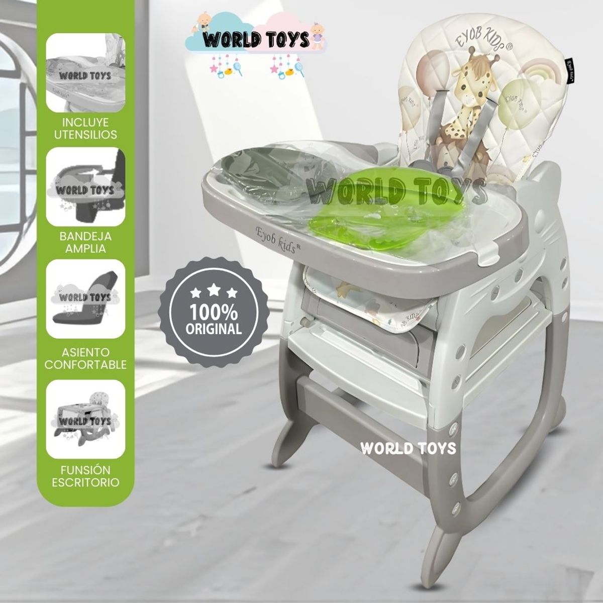 BABY - Silla de Comer 3 en 1 «SMILEY KAT» Green