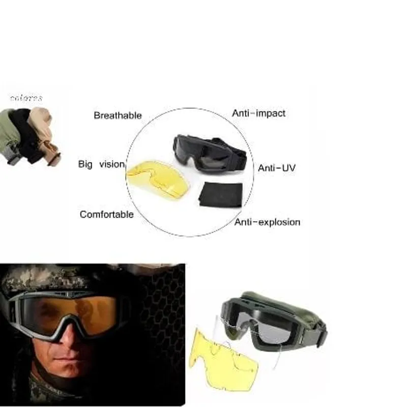 GENERICO - 1 Lentes Antiparra Goggles con 3 Lunas Tactico Militar cortaviento