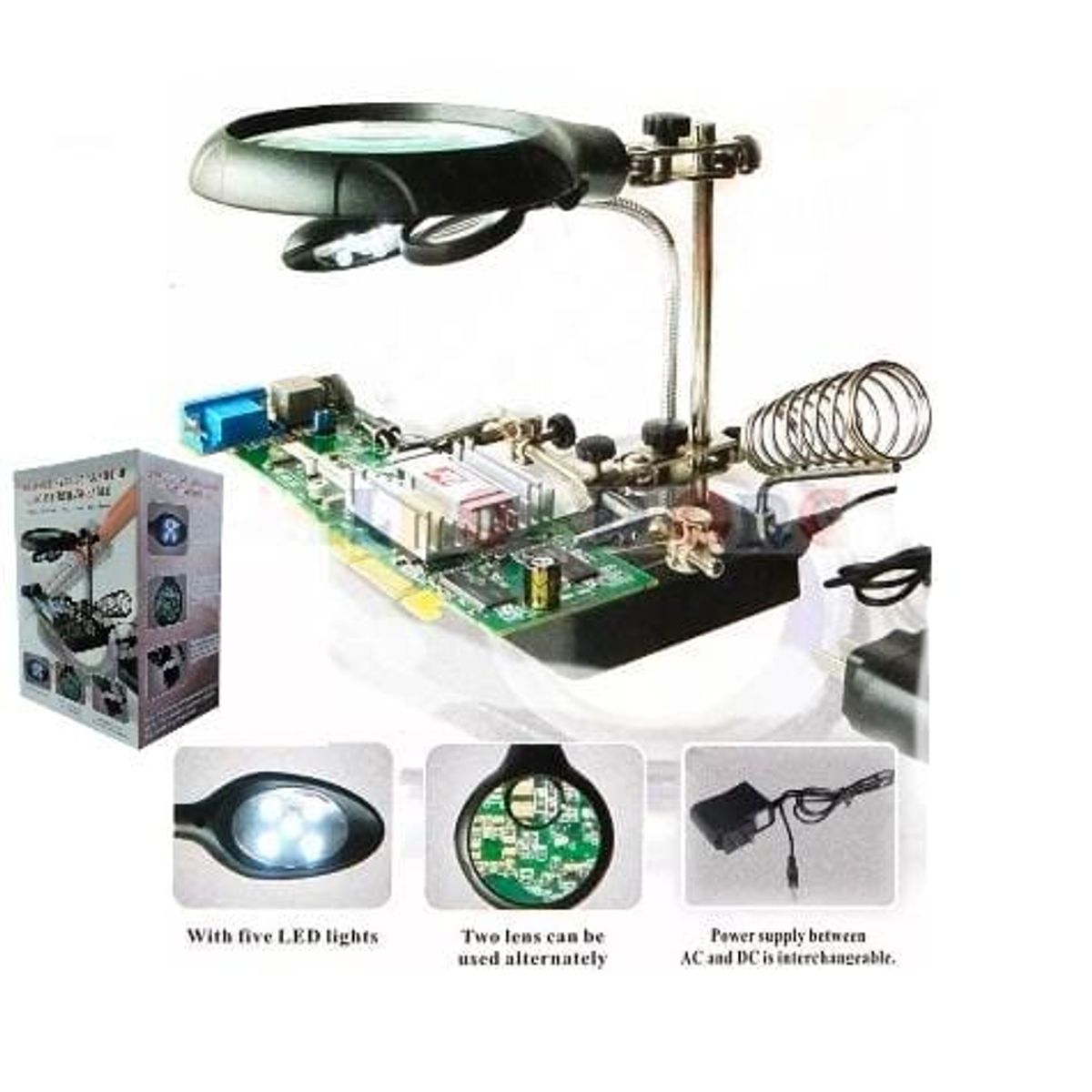 GENERICO - Base Soldar Con Luz Lupa Caimanes Pinzas Soporte Para Cautin