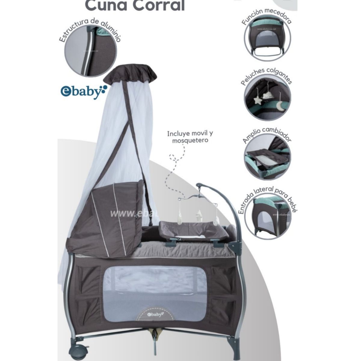 EBABY - Cuna Corral Mecedora para bebé con cambiador NAPY PLOMO