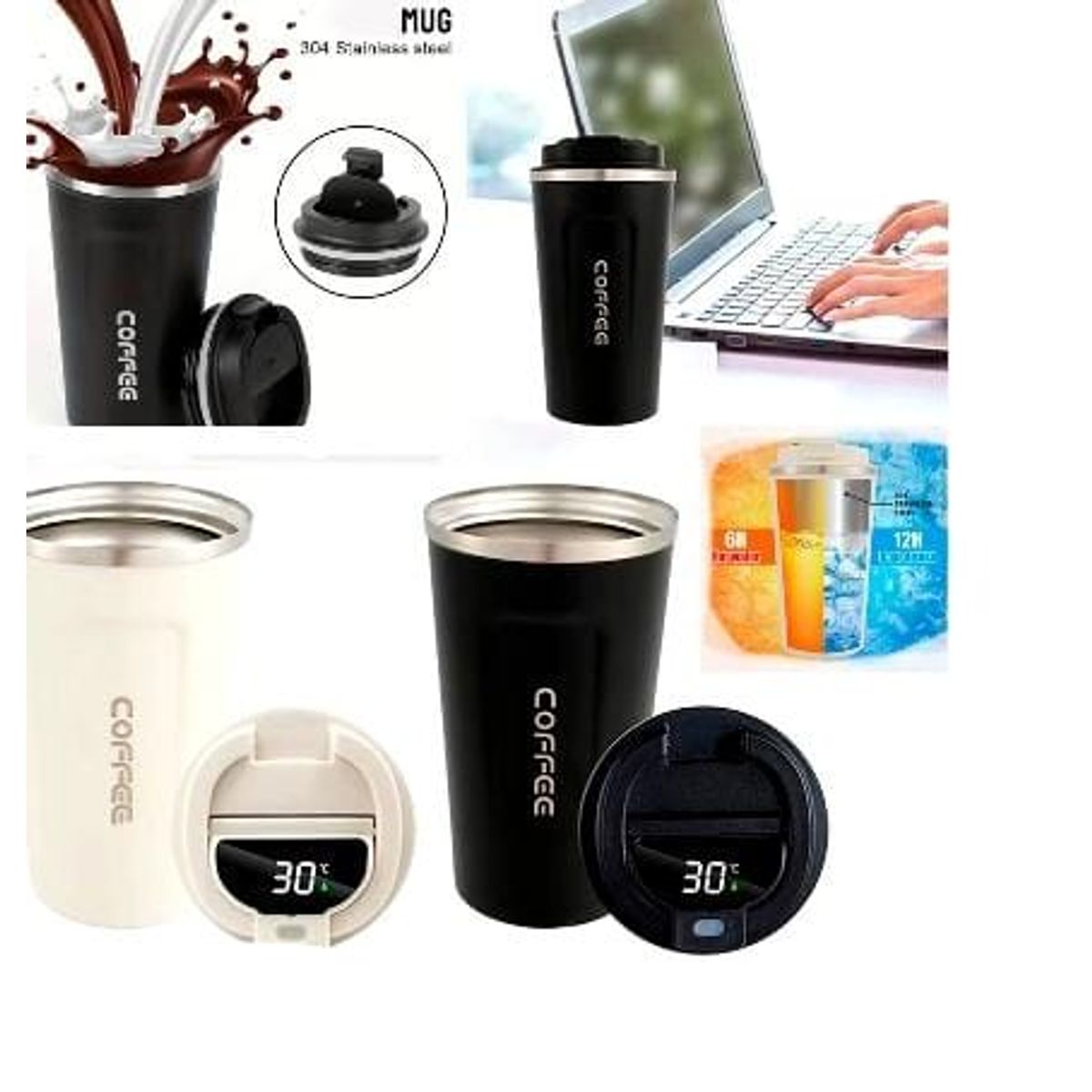 GENERICO - 1 VASO TERMO INTELIGENTE CON SENSOR DE TEMPERATURA NEGRO