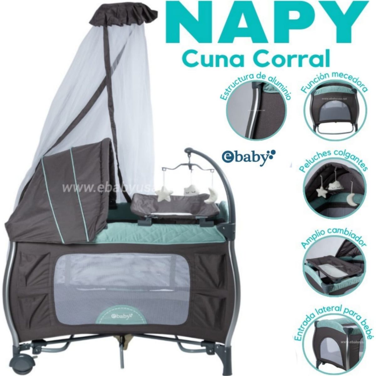 EBABY - Cuna Corral Mecedora para bebé con cambiador NAPY VERDE