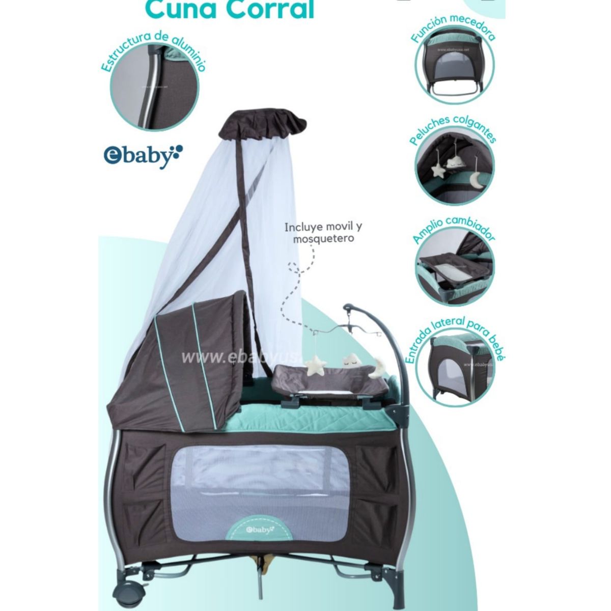 EBABY - Cuna Corral Mecedora para bebé con cambiador NAPY VERDE