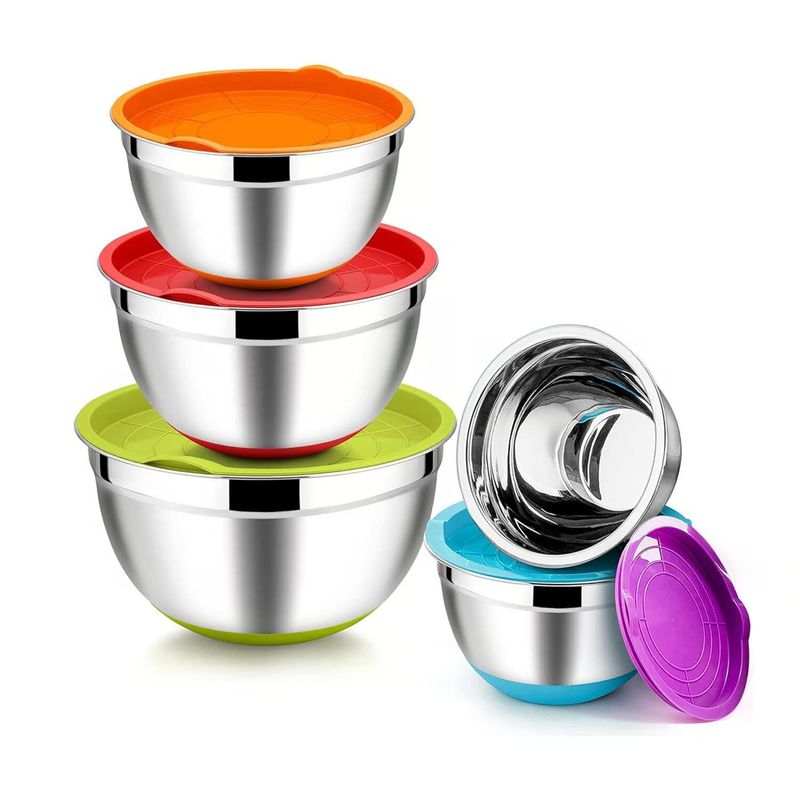 GENERICO - SET DE BOWLS 5 PIEZA  ACERO INOXIDABLE CON TAPA DE COLORES