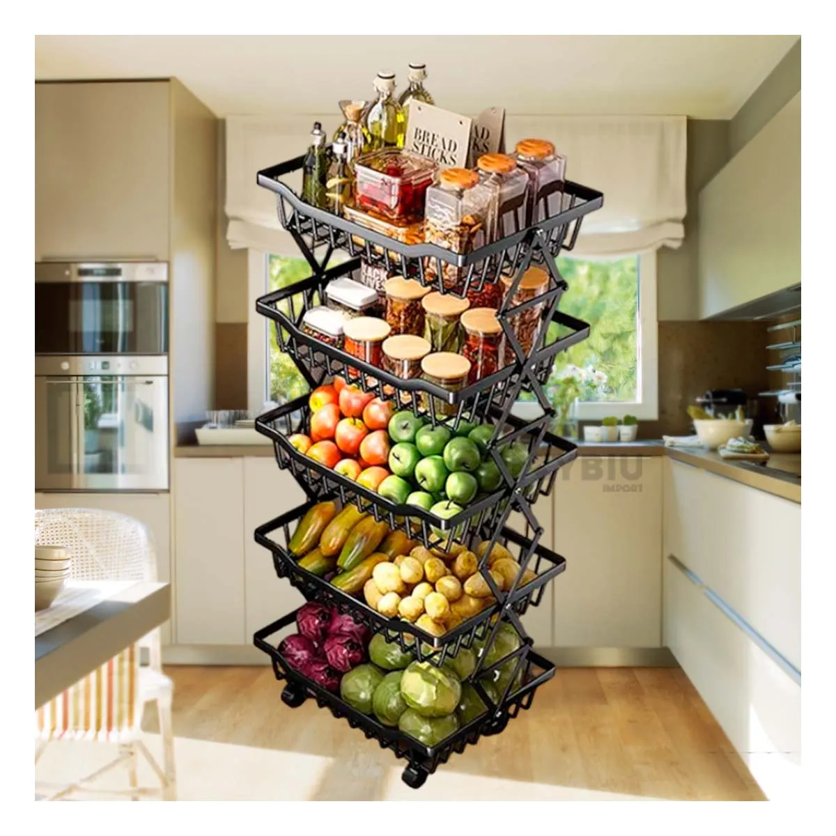 GENERICO - Verdulero para Cocina 5 Pisos Negro Y+Papel de Regalo