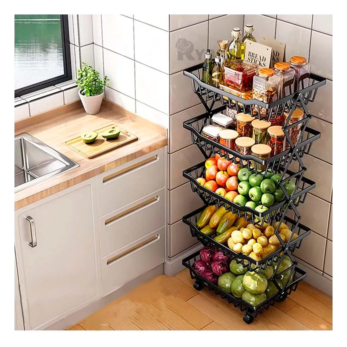 GENERICO - Verdulero para Cocina 5 Pisos Negro Y+Papel de Regalo