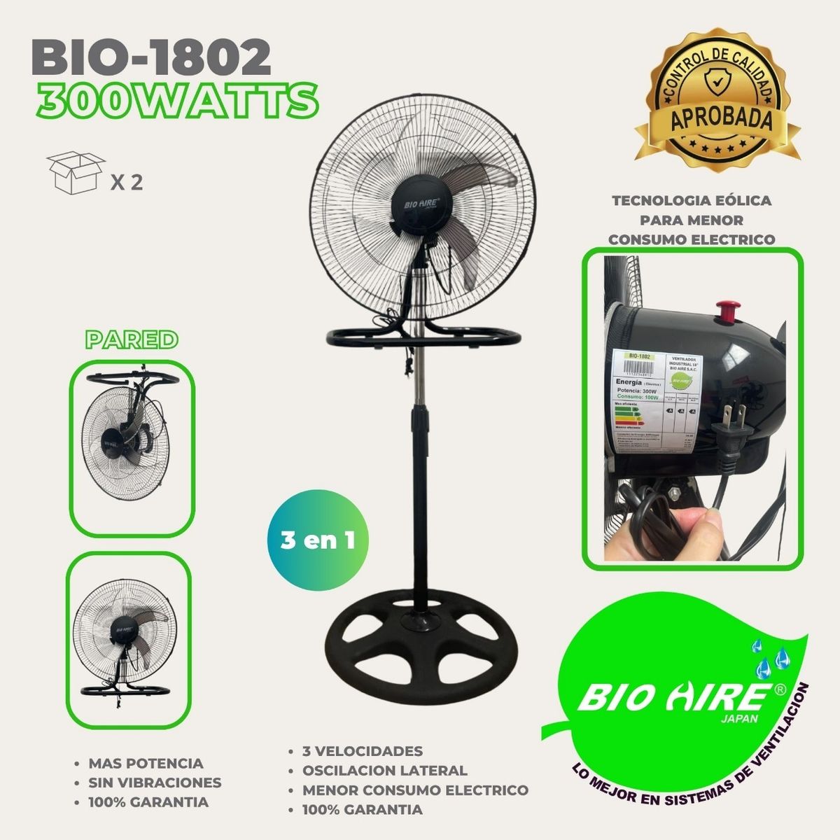 GENERICO - Ventilador BIO AIRE BIO-1802 300W 3 en 1 Caja x 2 Und.
