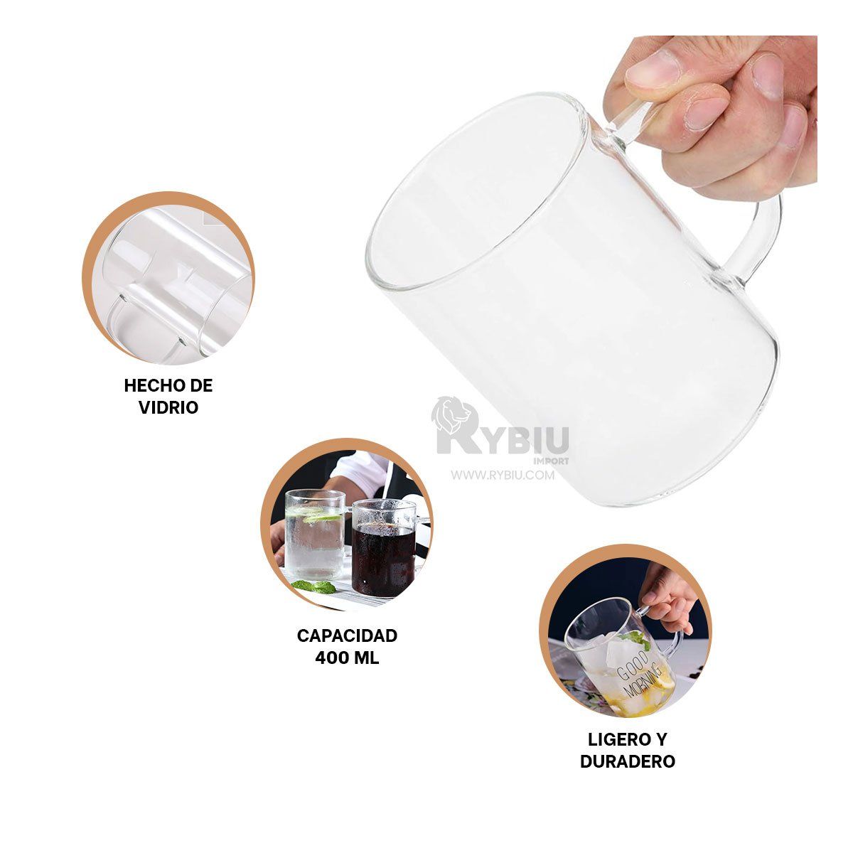 RYBIU IMPORT - Vaso con Asa 400ML Transparente Y+Banderitas Adhesivas