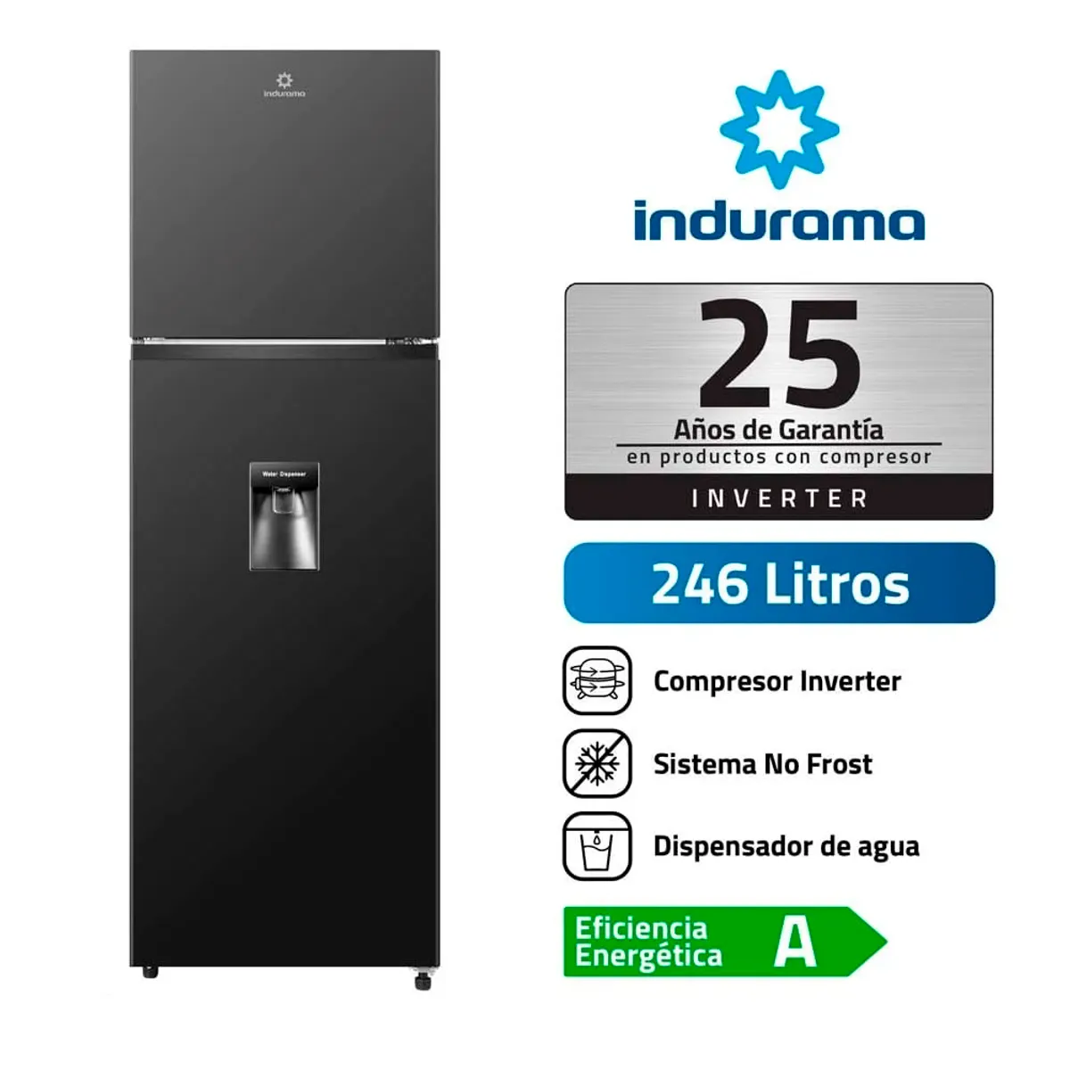 INDURAMA - Refrigeradora Indurama 246 Litros RI-389DNI con Dispensador - Negro