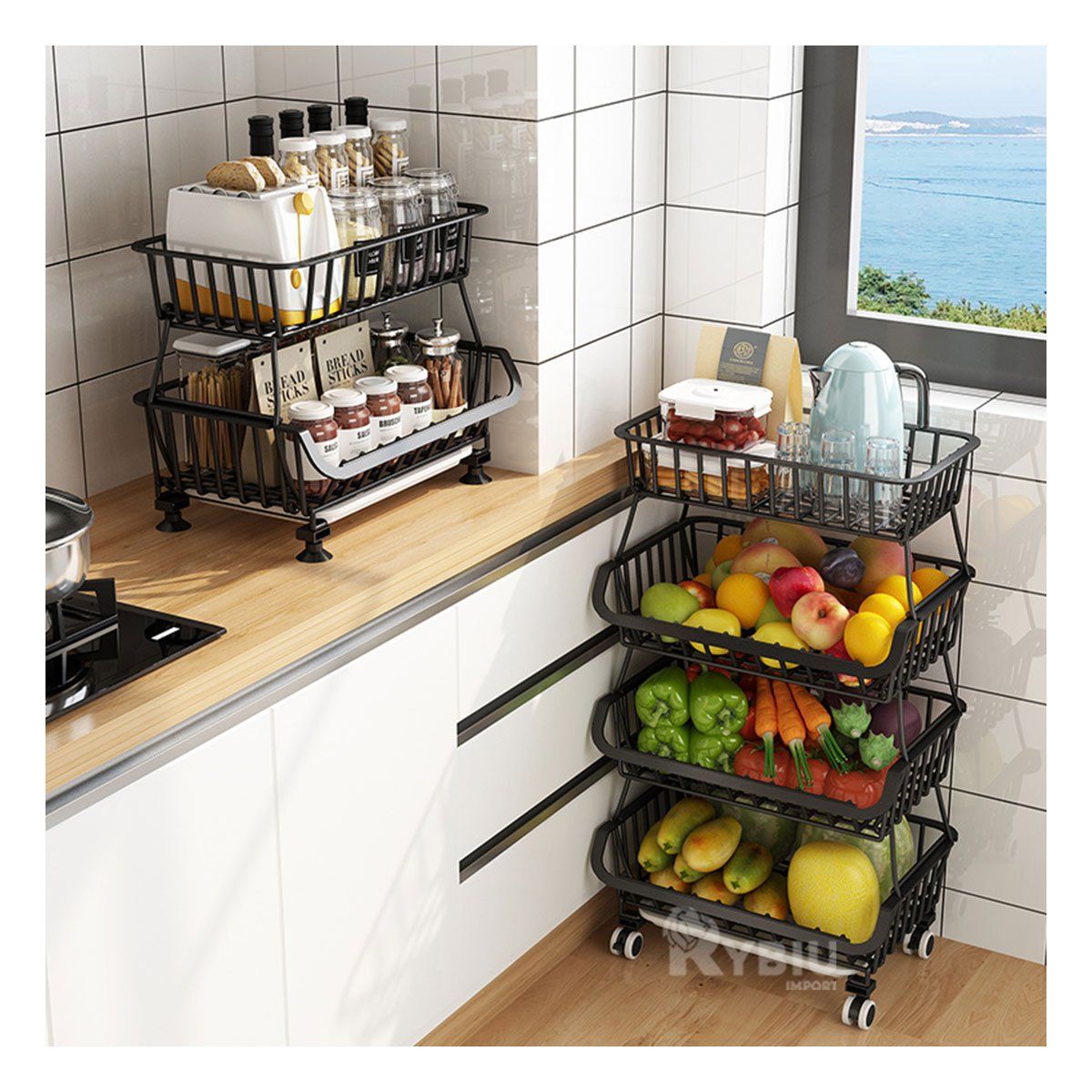 GENERICO - Cesta con Ruedas para Despensa en Negro Y+Regalo Stickers