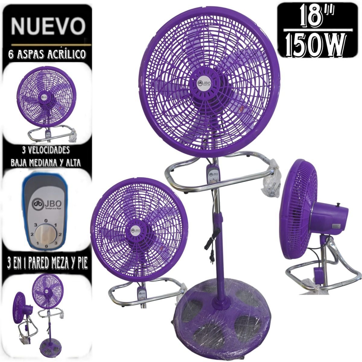 GENERICO - Ventilador 18 pulgadas 3 en 1 de 5 Aspas con 150W JBO LILA