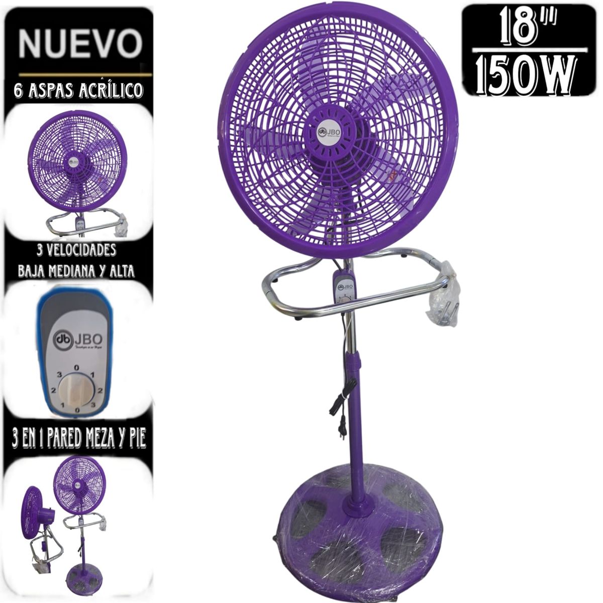 GENERICO - Ventilador 18 pulgadas 3 en 1 de 5 Aspas con 150W JBO LILA