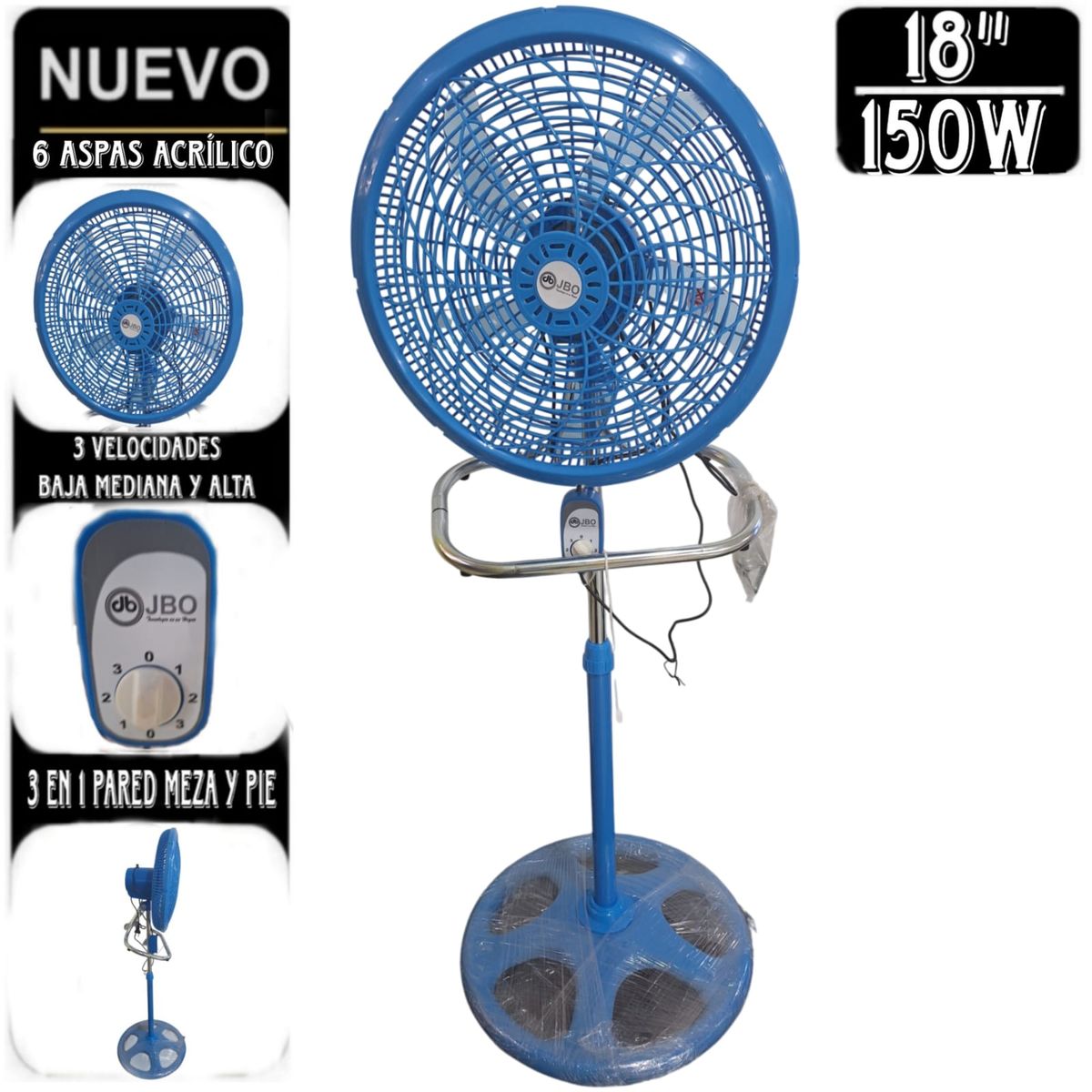 GENERICO - Ventilador 18 pulgadas 3 en 1 de 5 Aspas con 150W JBO CELESTE