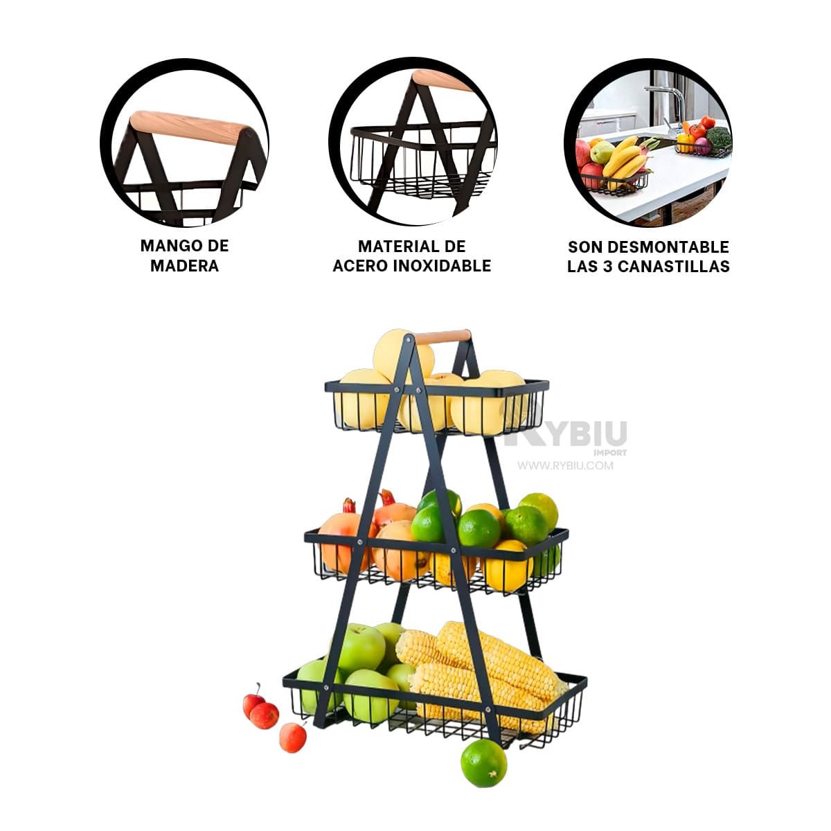 RYBIU IMPORT - Frutero Practico de 3 Secciones en Negro Y+Papel de Regalo