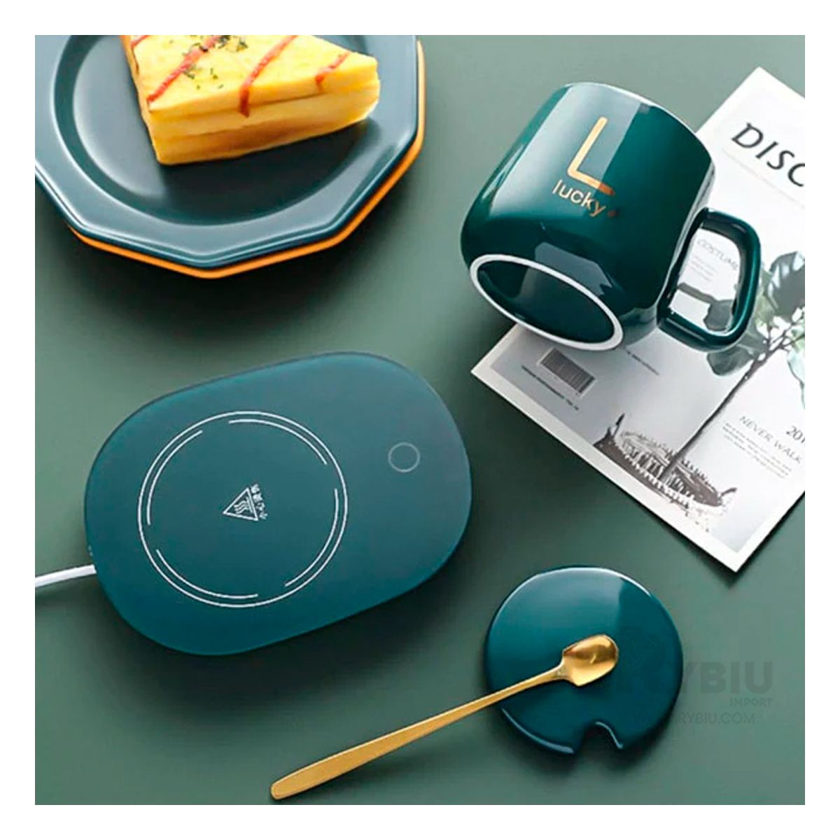 RYBIU IMPORT - Calentador con Taza de Ceramica Termica en Color Verde