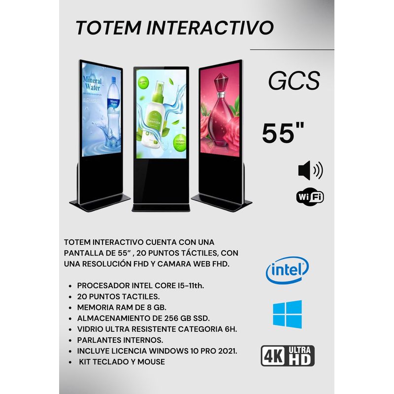 GCS - TOTEM INTERACTIVO GCS INTEL I5-11VA, 55", RAM 16 GB, 256 SSD, CAMARA WEB