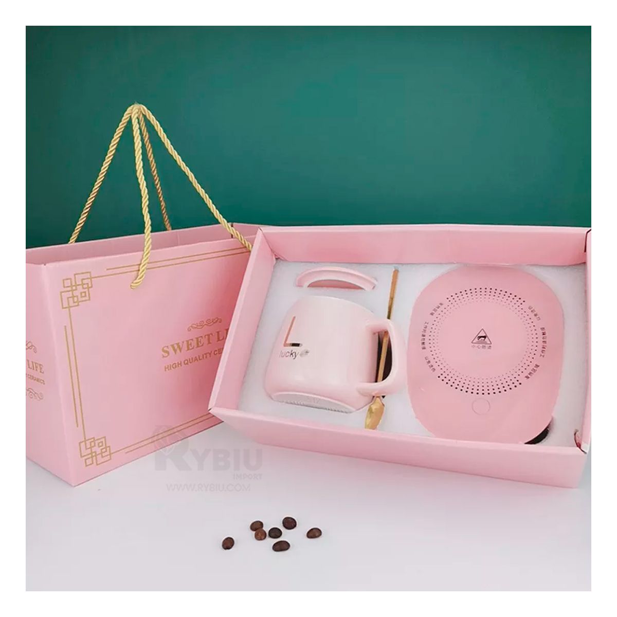 RYBIU IMPORT - Calentador con Taza de Ceramica Termica en Color Rosado