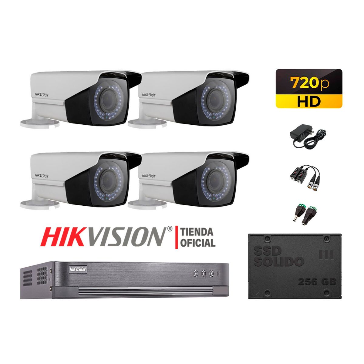 HIKVISION - CÁMARAS VIGILANCIA KIT 4 720P HD + DISCO 256GB MAYOR ALCANCE VARIFOCAL