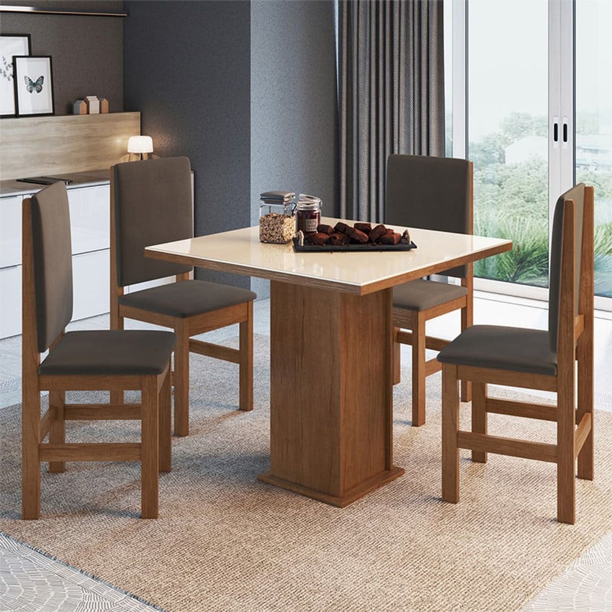 2020 HOME PERU - Juego de Comedor Vidrio 4 Sillas Madera Marrón - Blanco