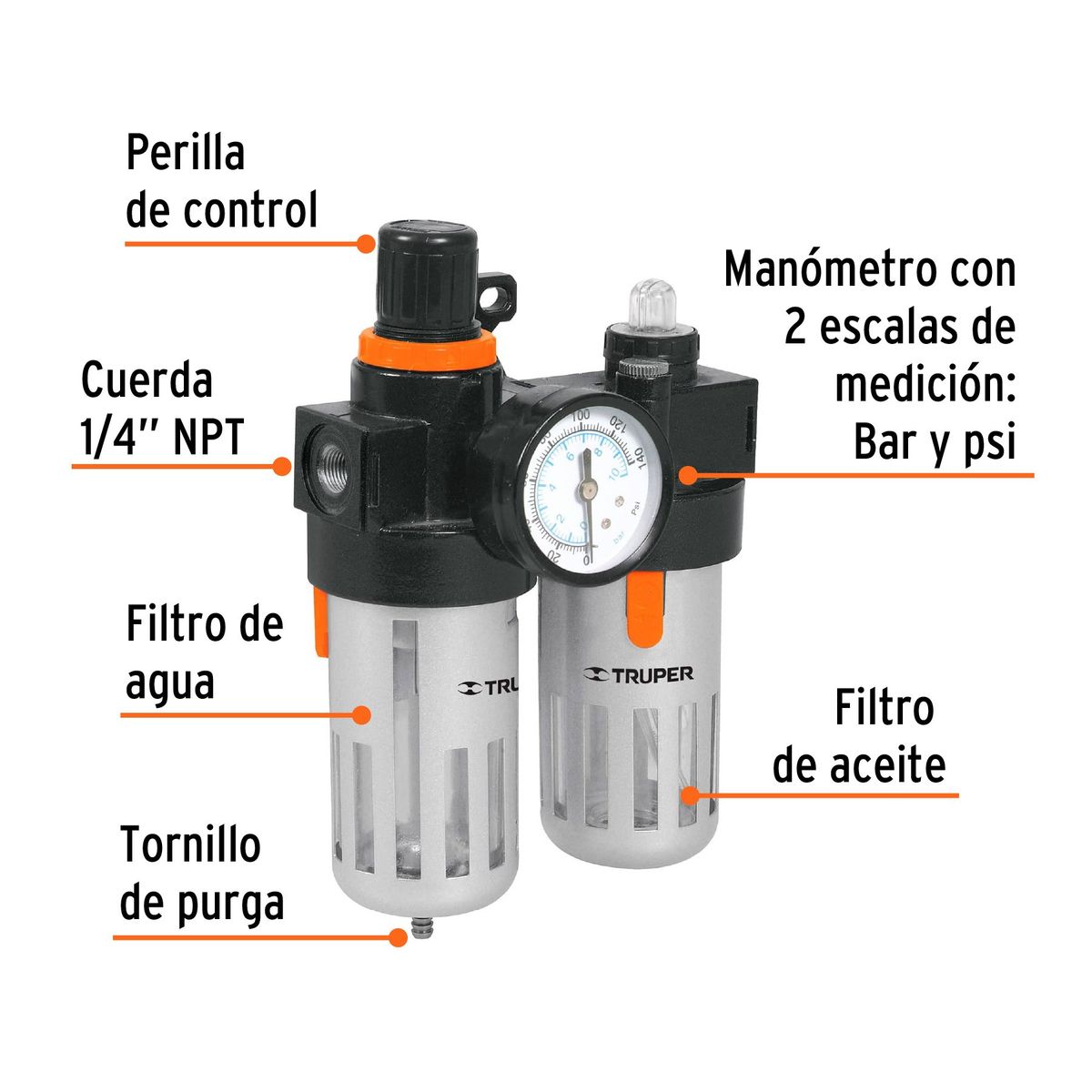 TRUPER - Filtro y Regulador de Aire con Modulo para Compresora 19238 Truper
