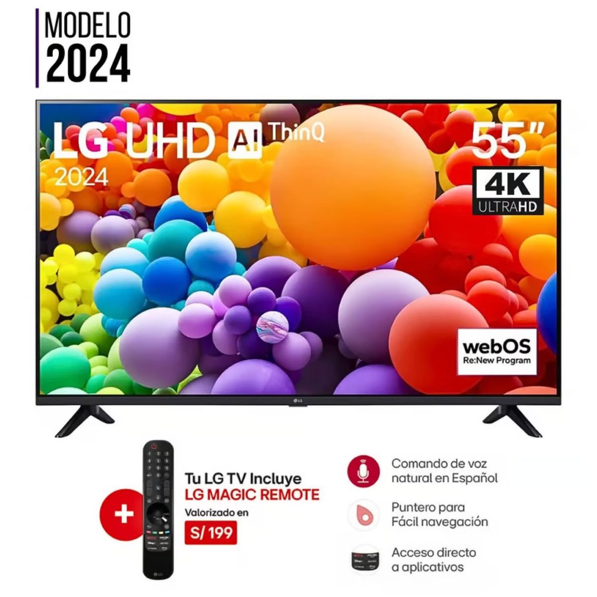 LG - Televisor LG 55 Pulg. LED Smart TV 4K UHD ThinQ AI 55UT7300 + Control Magic Modelo 2024