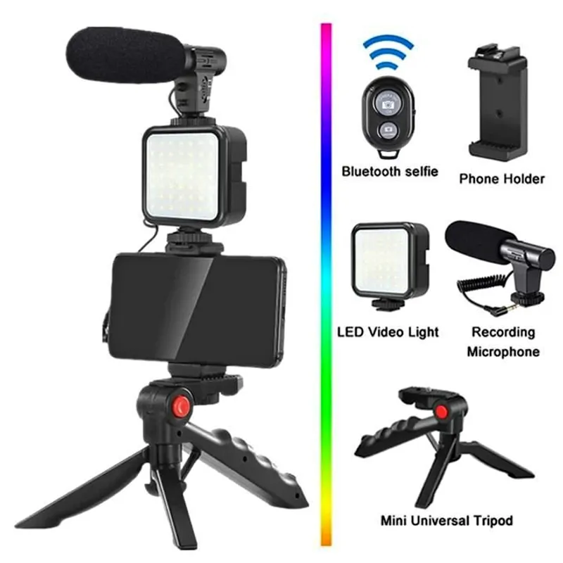 GENERICO - Kit de Grabación Vlogger Mini Tripode Micrófono Control Luz Led
