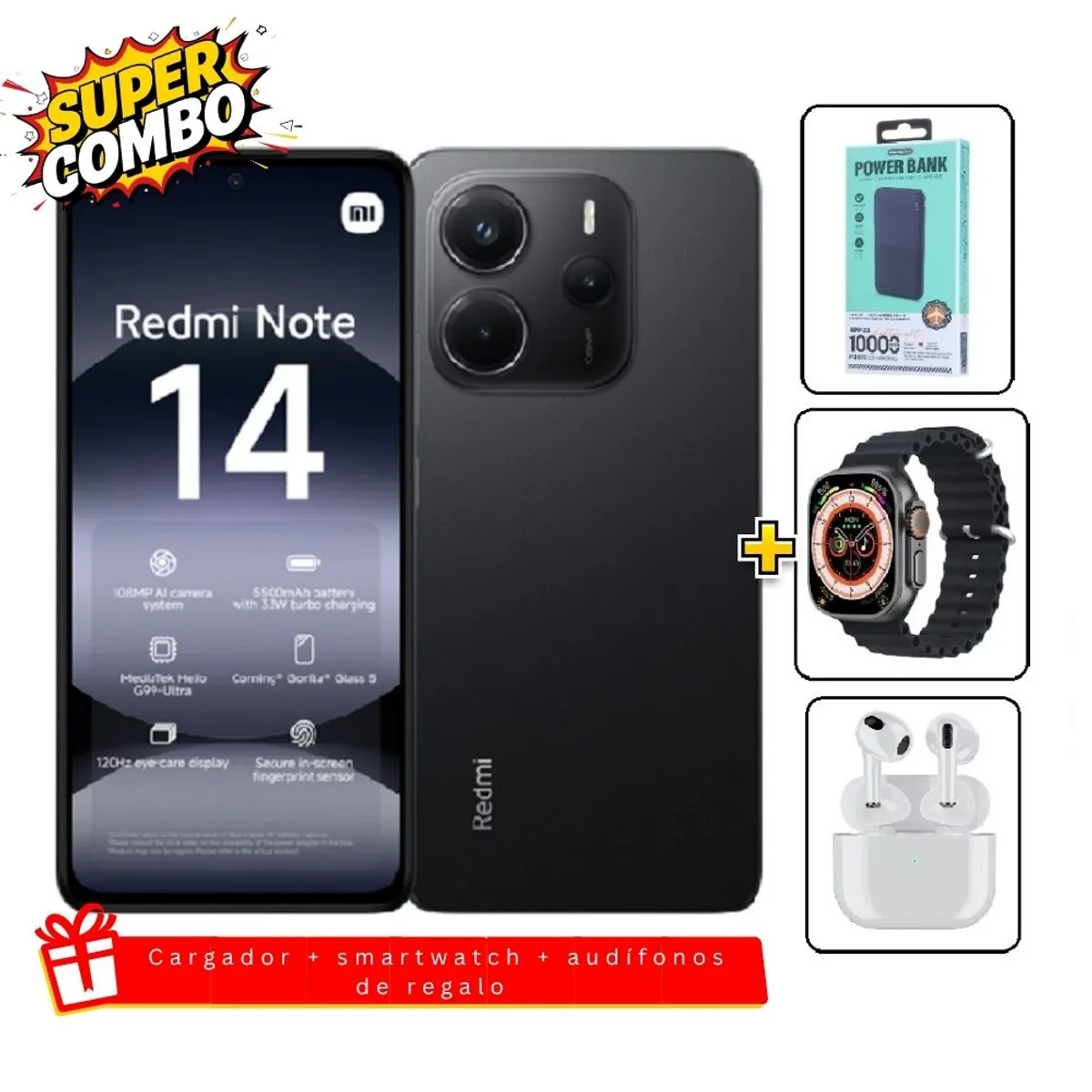 XIAOMI - Xiaomi Redmi Note 14 256GB Negro + Cargador 10000mah + Smartwatch + Audifonos