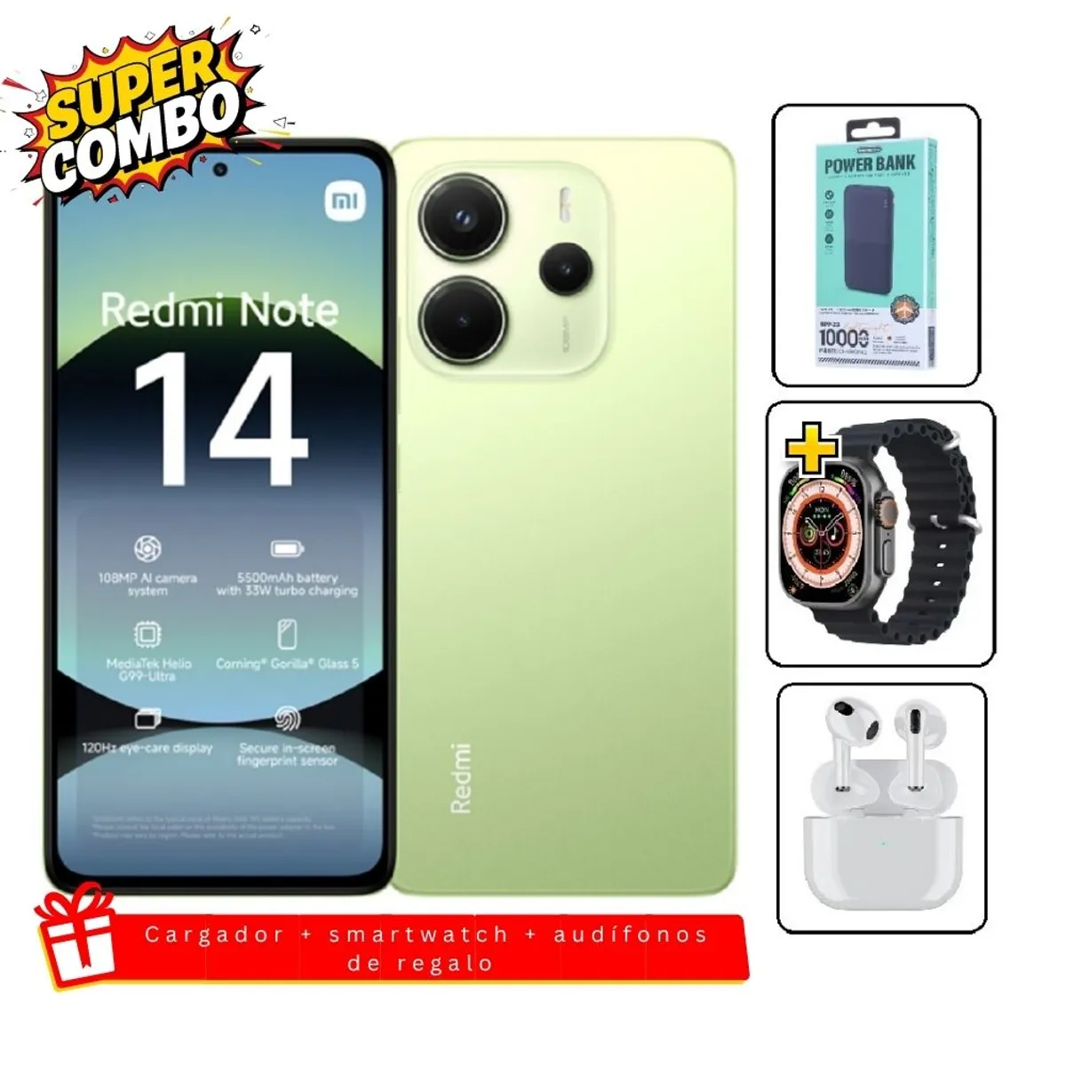 XIAOMI - Xiaomi Redmi Note 14 256GB Verde + Cargador 10000mah + Smartwatch + Audifonos