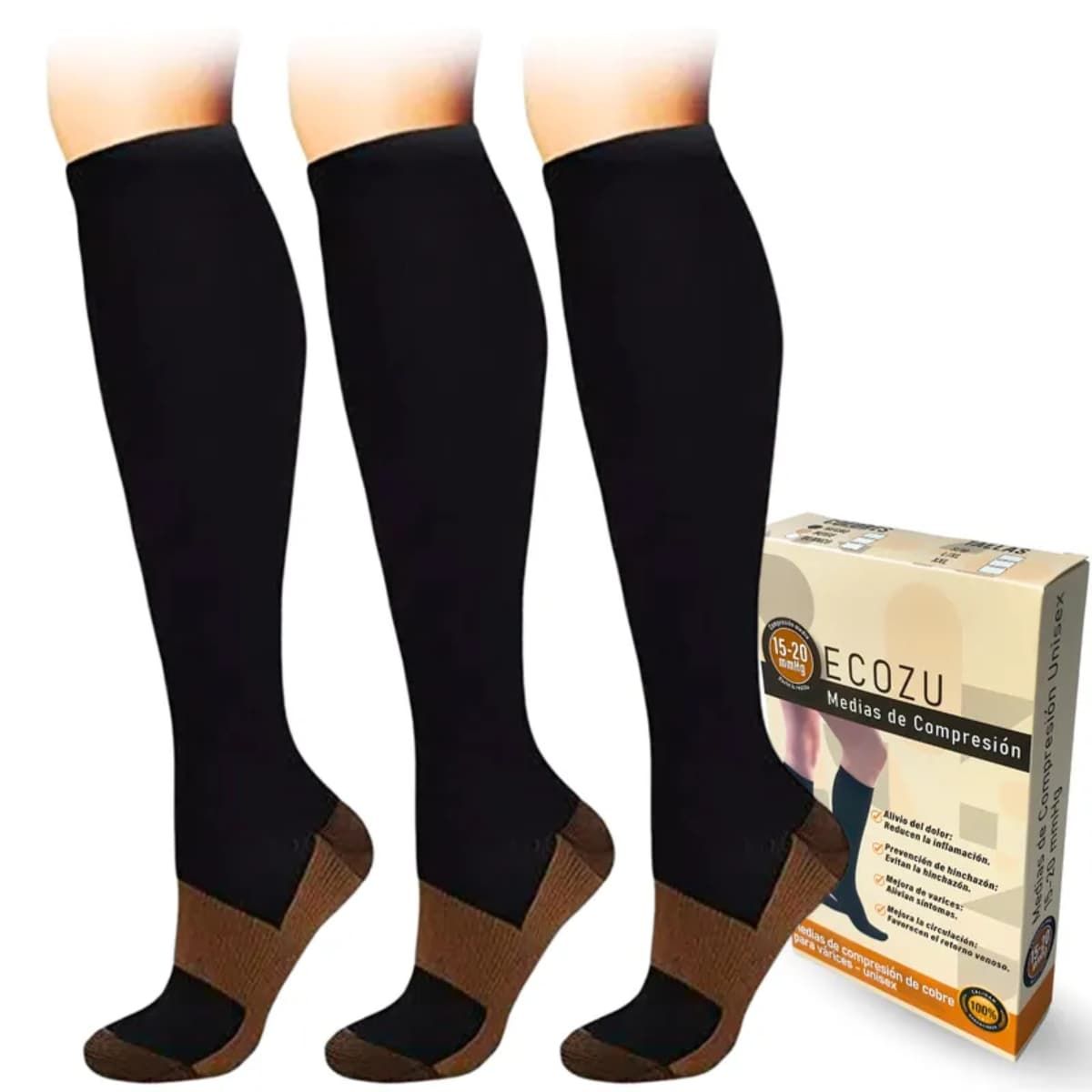 GENERICO - Medias de compresion antivarices talla XXL pack de 3 pares Negro