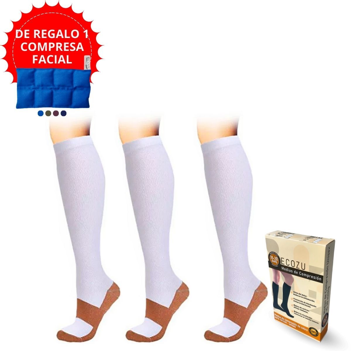 GENERICO - Medias de compresion antivarices talla S/M pack de 3 pares blanco
