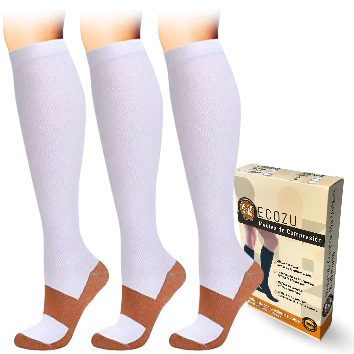 GENERICO - Medias de compresion antivarices talla XXL pack de 3 pares blanco