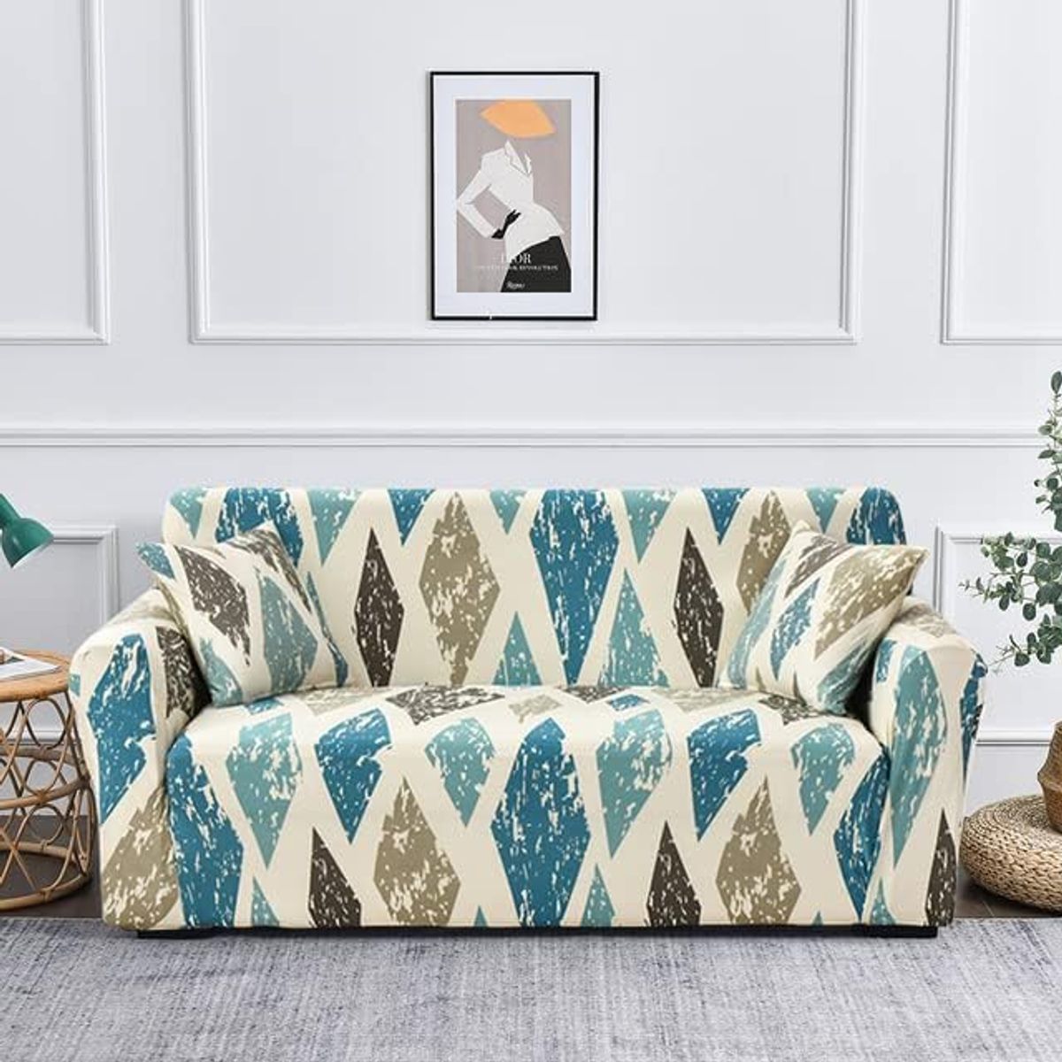 GENERICO - Funda De Muebles 3-2-1 Con 6 Cojines - Estampado Rombos Turquesa