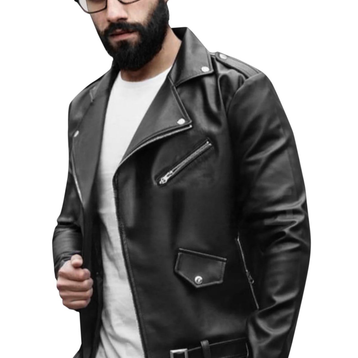 GENERICO - Casaca Biker para Hombre Cuero PU Slim Fit