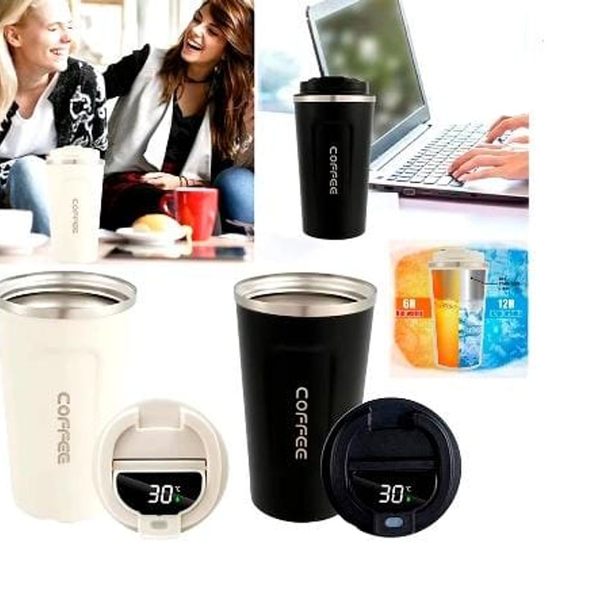 GENERICO - PACK 2 VASOS TERMO DE  INTELIGENTE CONSENSOR DE TENPERATURA NEGRO