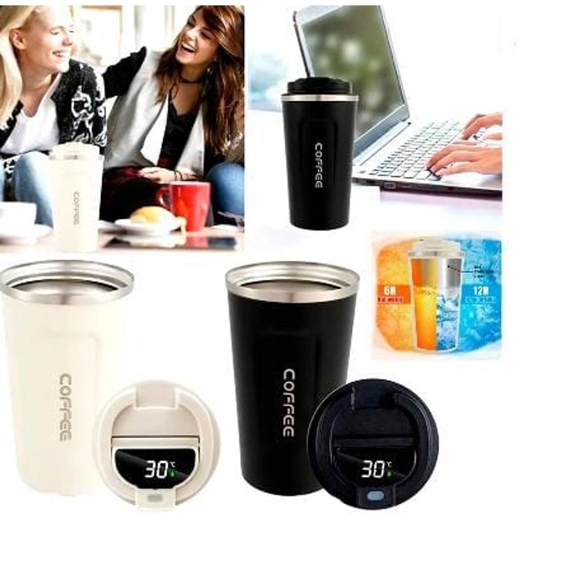 GENERICO - PACK 2 VASOS TERMO DE  INTELIGENTE CONSENSOR DE TENPERATURA NEGRO