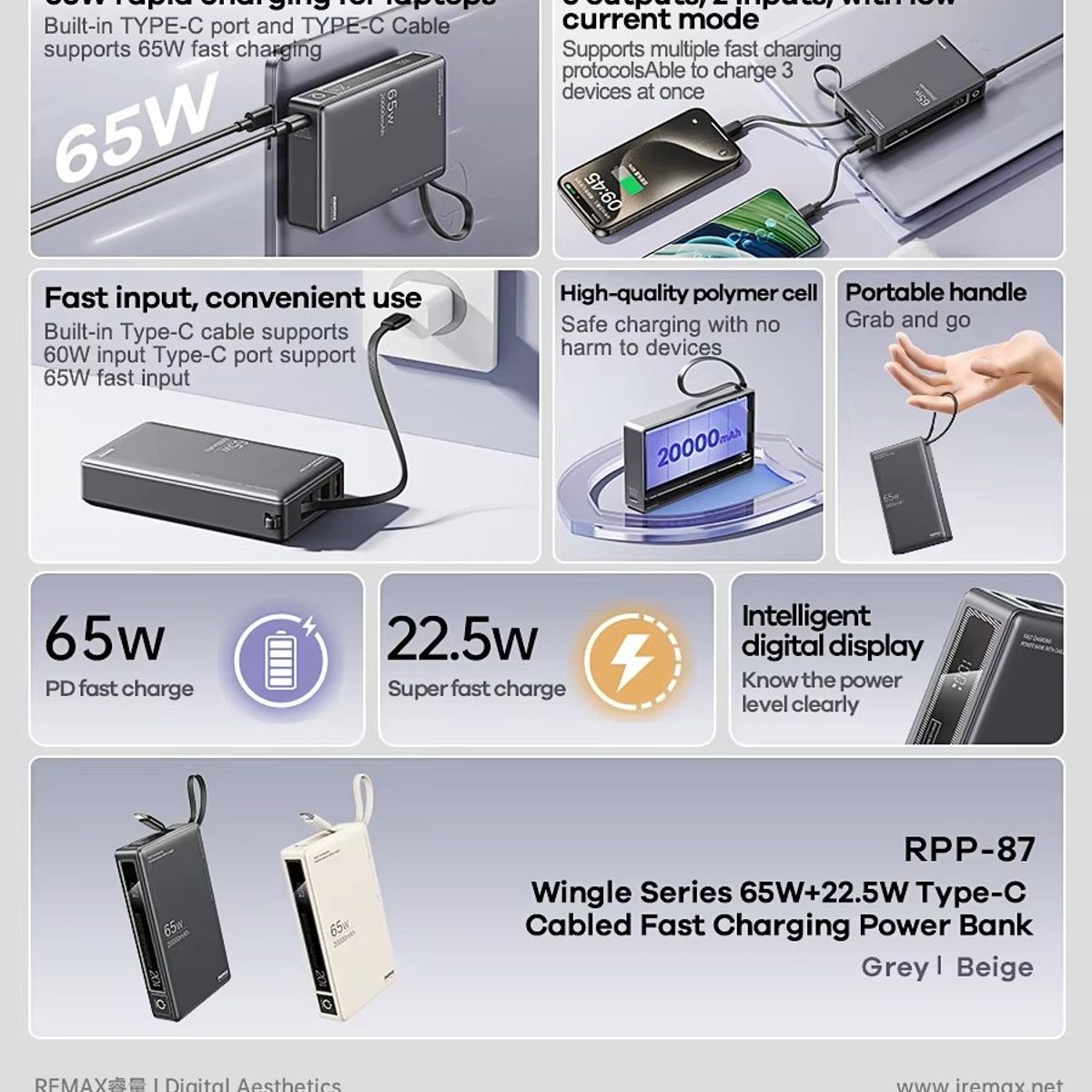 REMAX - Power Bank 20000mha Carga Rapida 65w Remax Rpp-87- GRIS OSCURO