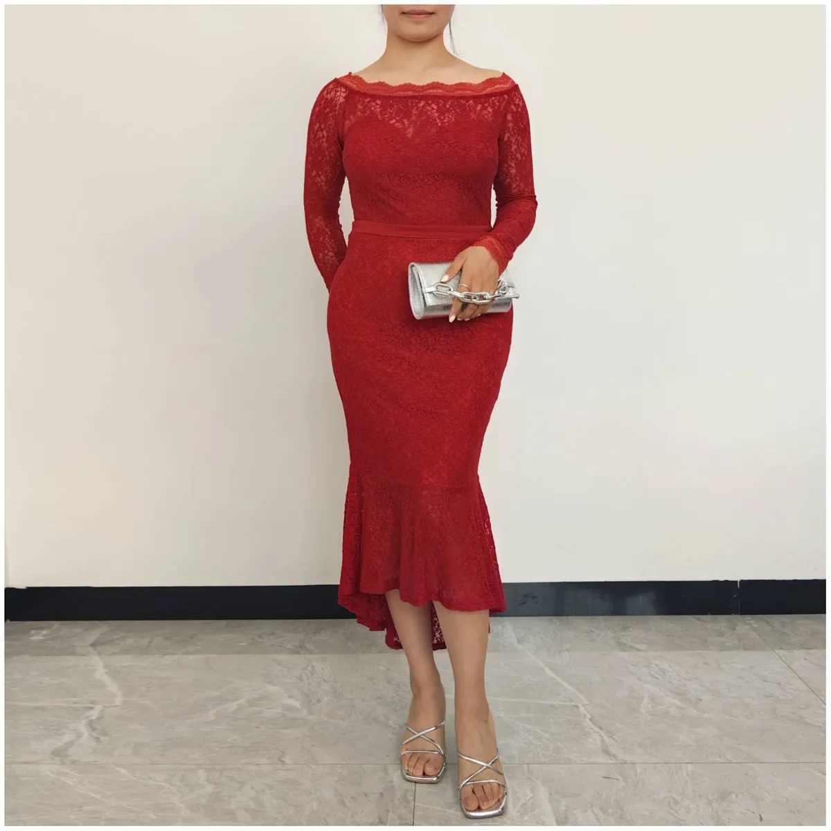 RINODERINA - Vestido Largo Elegante Encaje Ajustado Moda Mujer