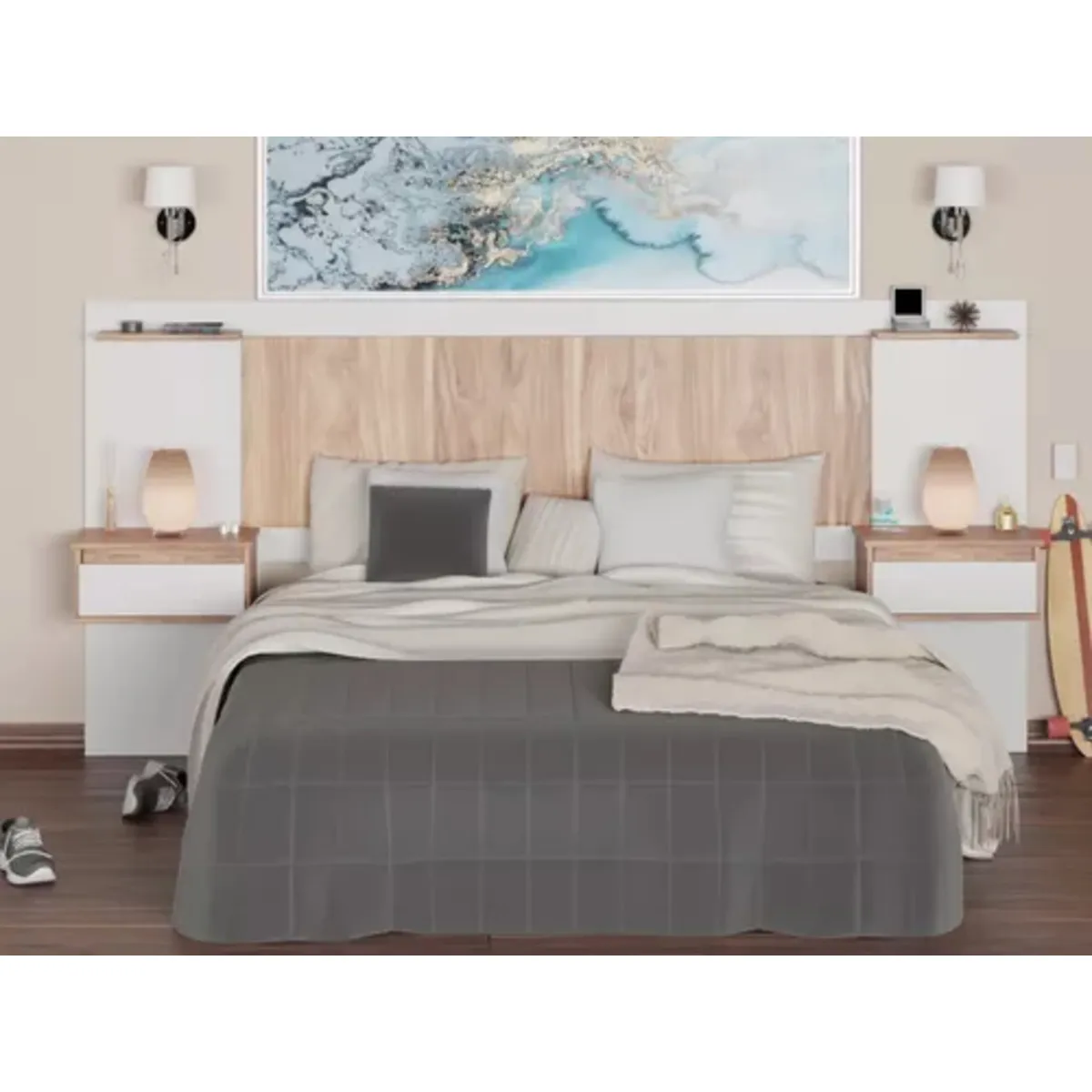 TU MESITA - Cabecera de Cama Grecia con Mesa de Noche flotante Color BlancoDuna TU MESITA