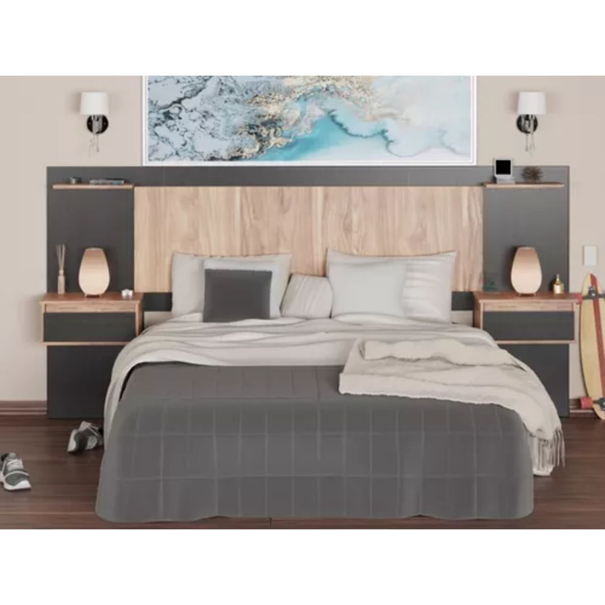 TU MESITA - Cabecera de Cama Grecia con Mesa de Noche flotante Color NegroDuna TU MESITA