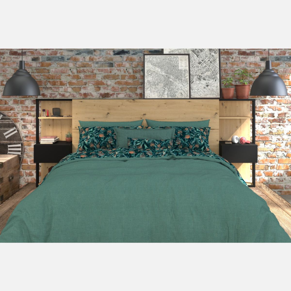 TU MESITA - Cabecera de cama moderna Industrial con veladores incluidos Prince color DunaNegro TU MESITA