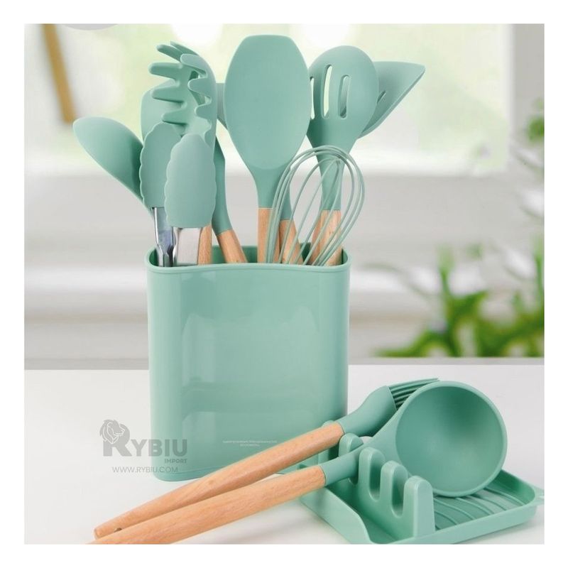 GENERICO - Set de 11 Cucharones con Posa Cucharon Verde Agua