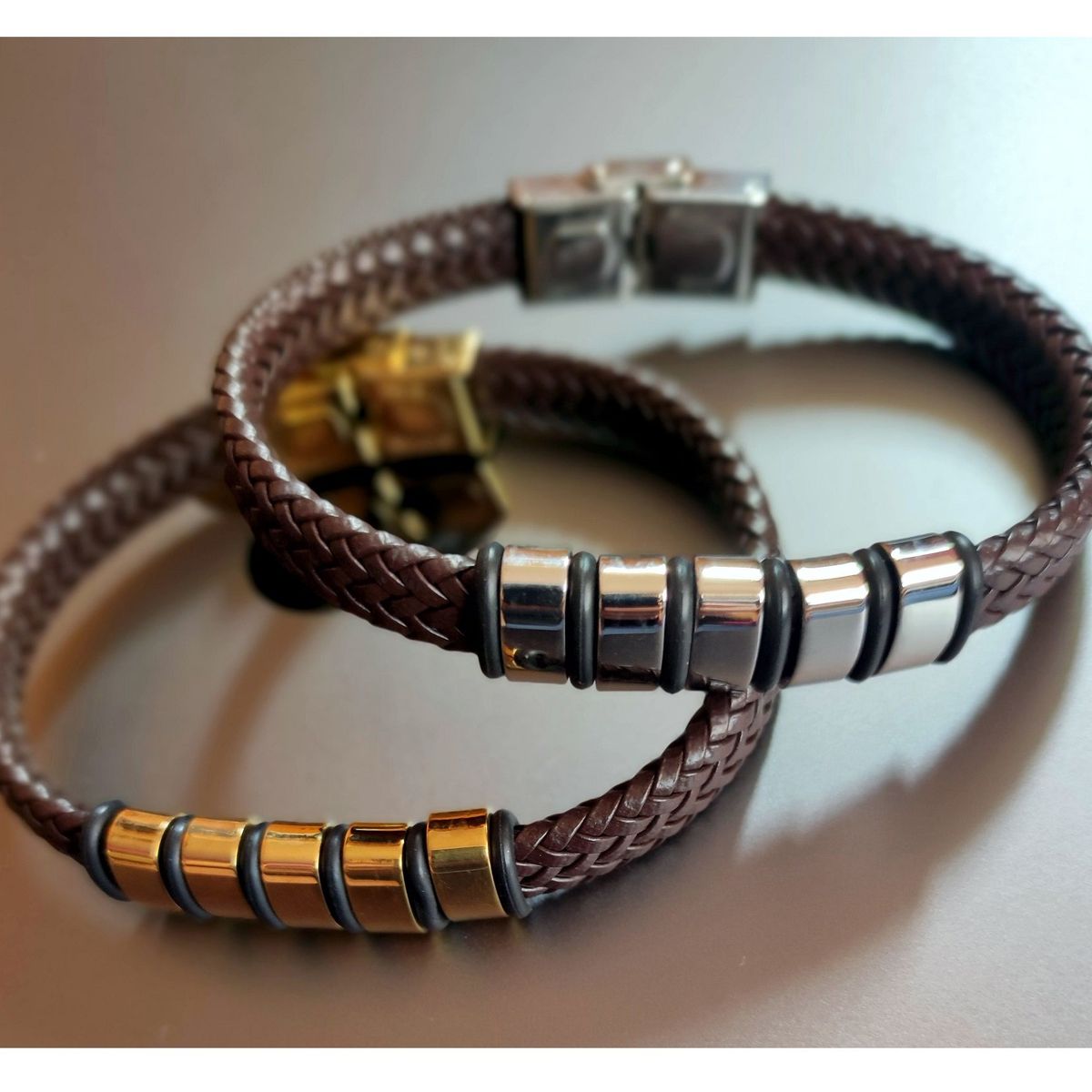 OEM - Pulsera Hombre Cuero Trenzado Franjas Acero Inoxidable 316L