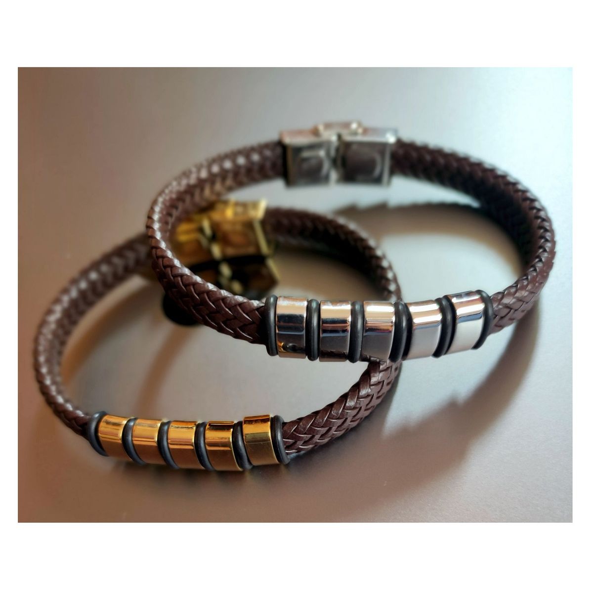 OEM - Pulsera Hombre Cuero Trenzado Franjas Acero Inoxidable 316L