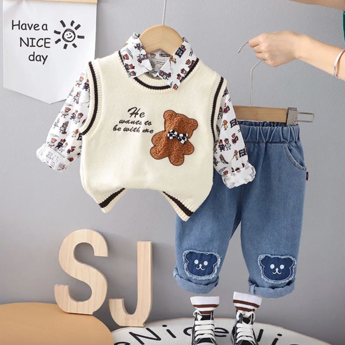 GENERICO - ROPA DE BEBE DE OSITO DE 3 PIEZAS (CHALECO+ PANTALON+ CAMISA