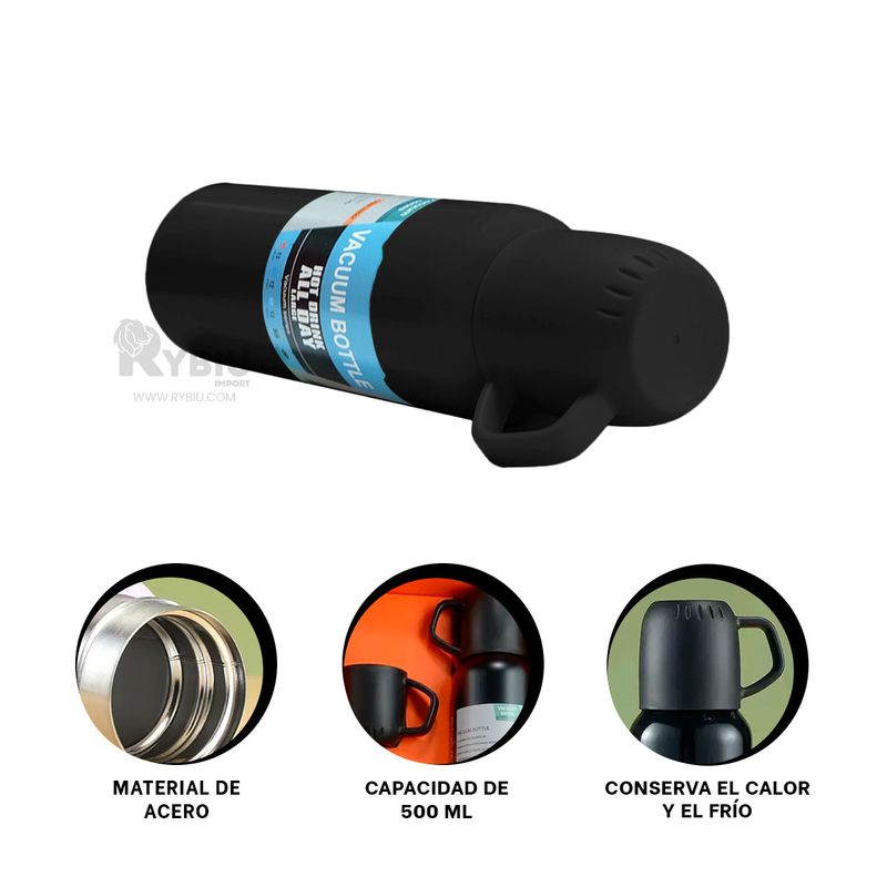 RYBIU IMPORT - Bidon Isotermico en Color Negro 500ml Y+Gift Stickers