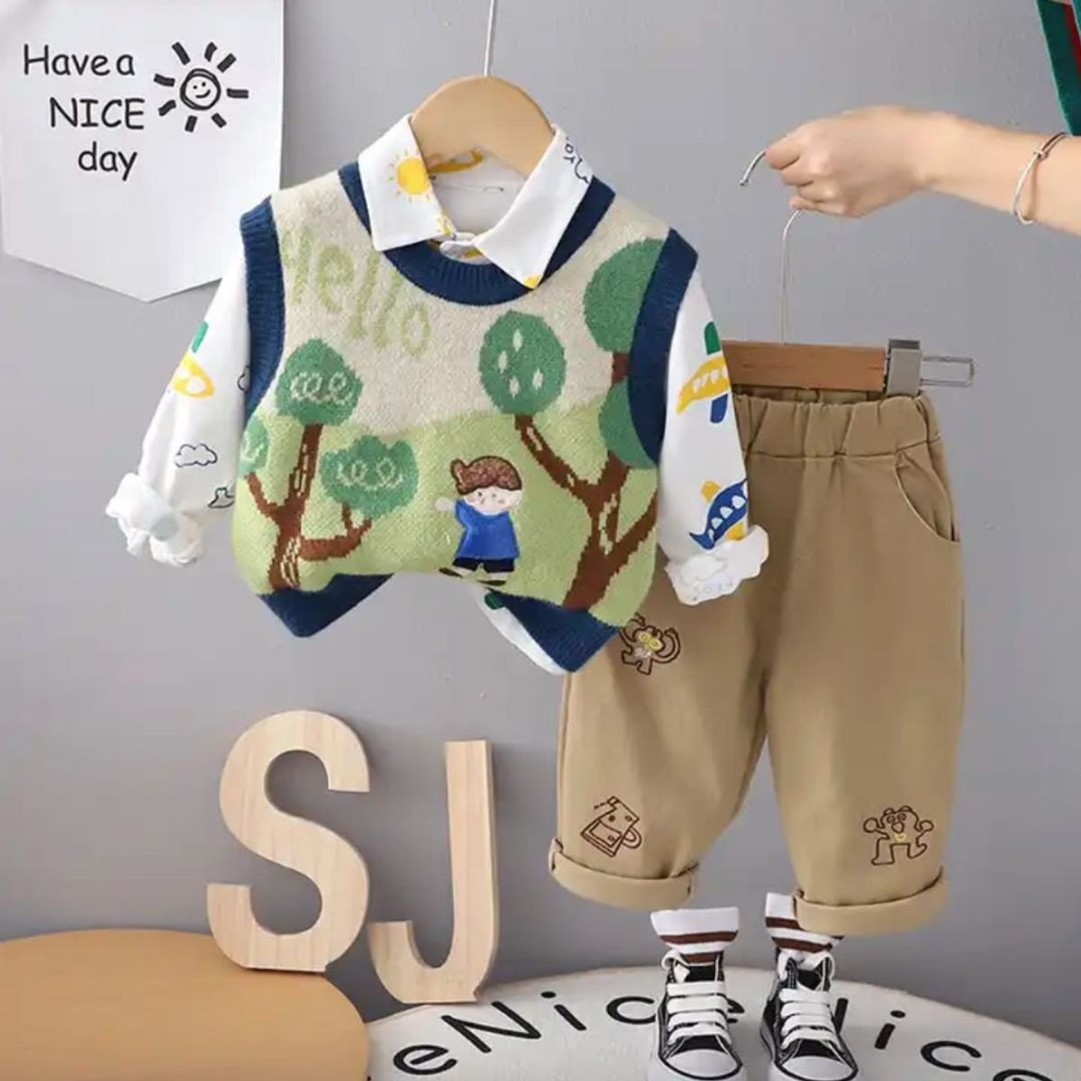 GENERICO - CONJUNTO PARA NIÑS DE DIBUJOS ANIMADOS CHALECO+ PANTALON+ CAMISA