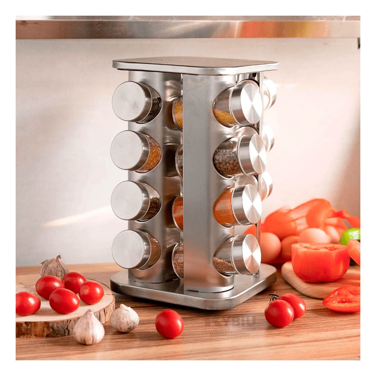 GENERICO - Condimentero Moderno de 16 Frascos en Acero Forma Cuadrado